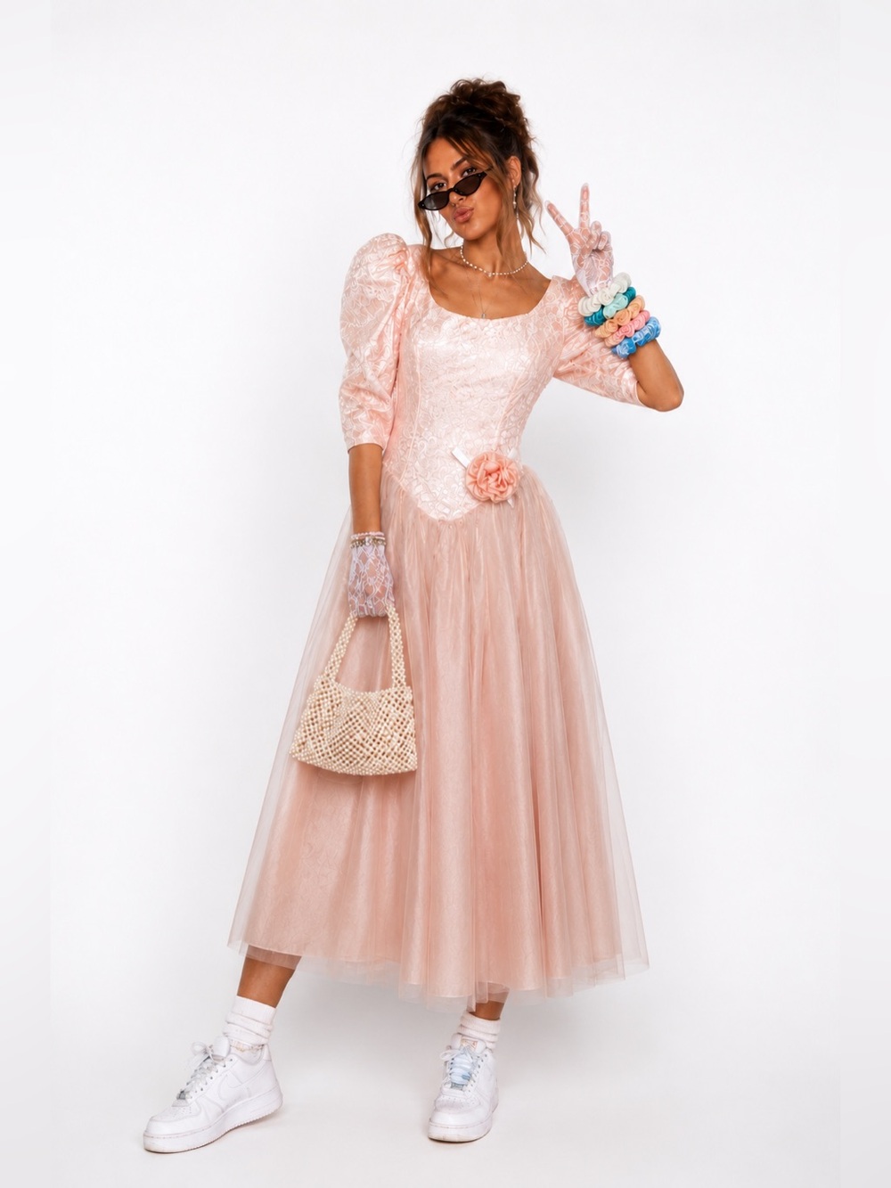 Vintage Alfred Angelo Blush Pink Lace Tulle Puff Sleeve Formal Dress USA ILGWU